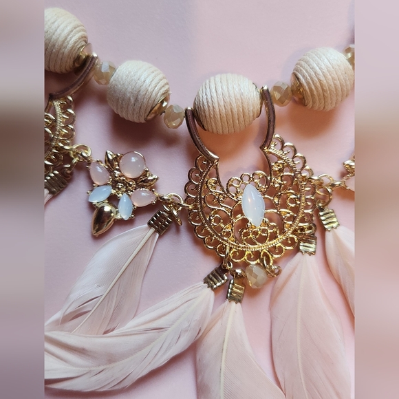 Pink Feather Gem Statement Necklace *S71 - Picture 4 of 6